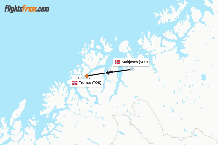 Flights from Sorkjosen to Tromso route map
