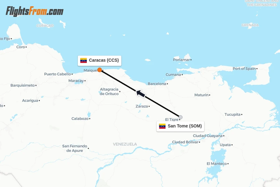 Flights from San Tome to Caracas route map