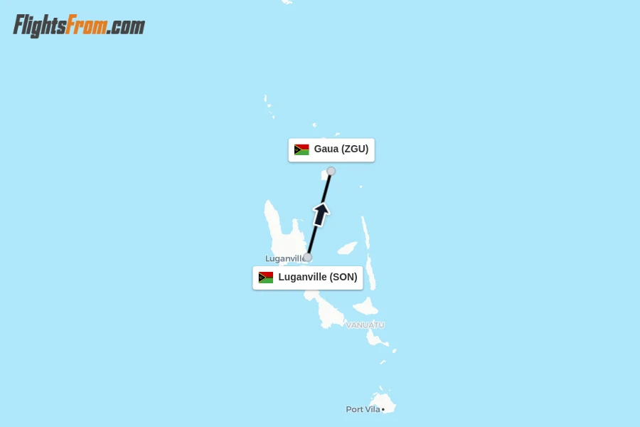 Flights from Luganville to Gaua route map