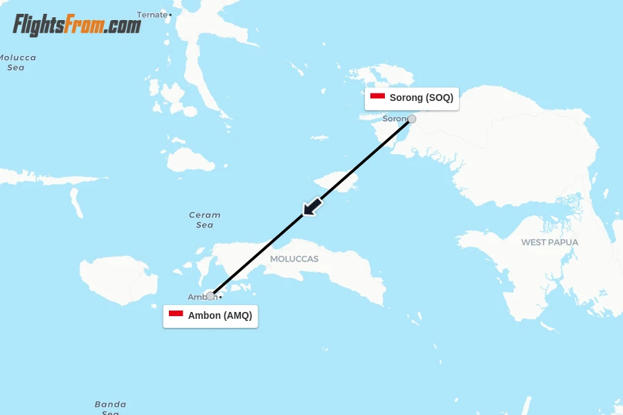 Flights from Sorong to Ambon route map