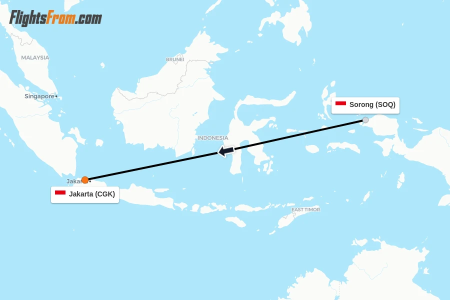Flights from Sorong to Jakarta route map