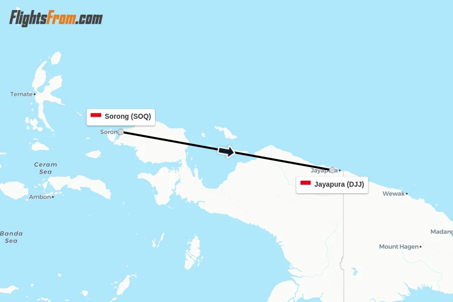 Flights from Sorong to Jayapura route map