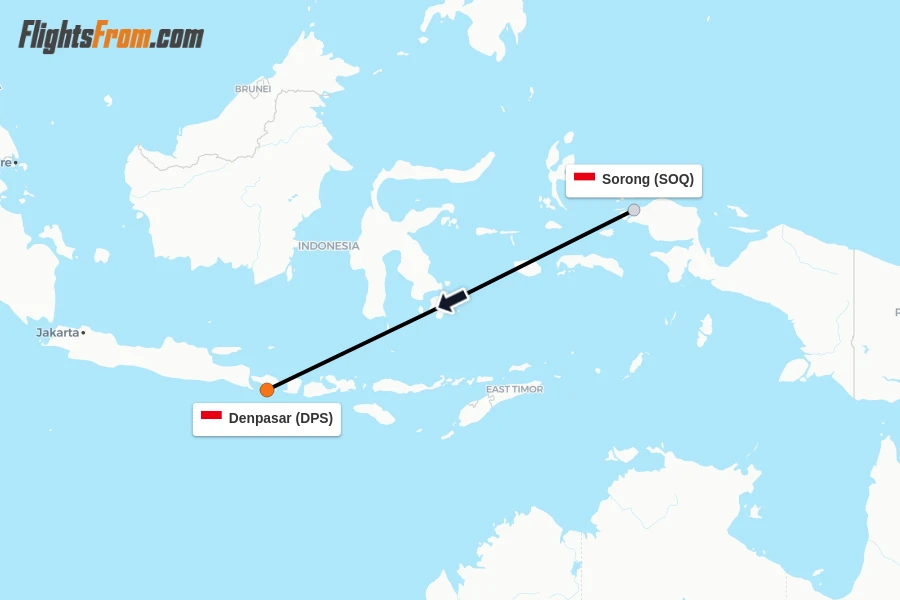 Flights from Sorong to Denpasar route map