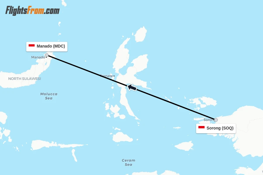Flights from Sorong to Manado route map