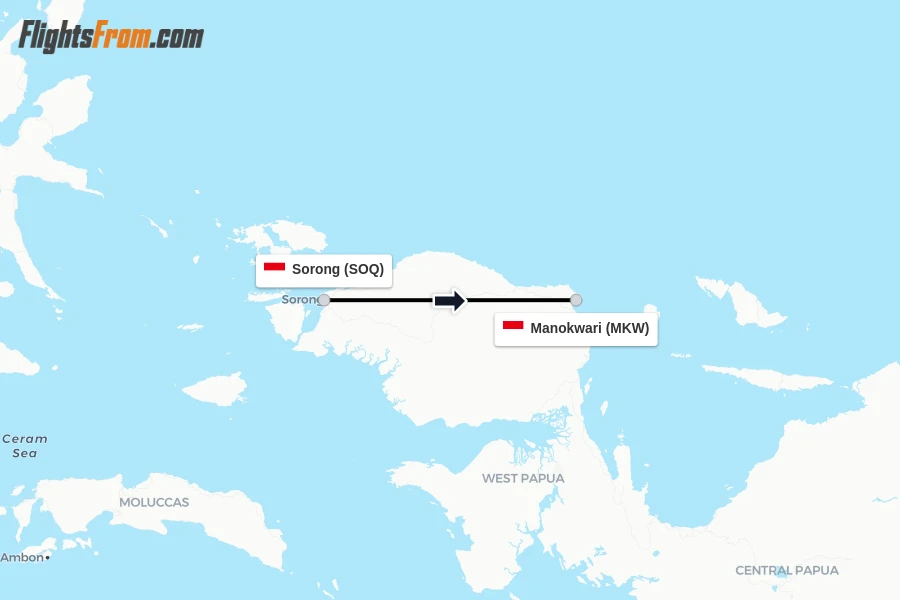 Flights from Sorong to Manokwari route map