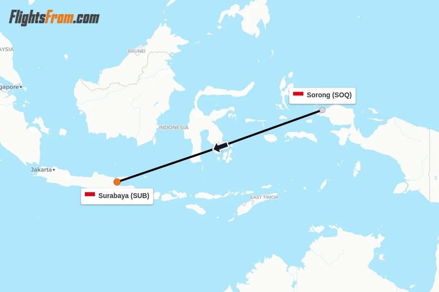 Flights from Sorong to Surabaya route map