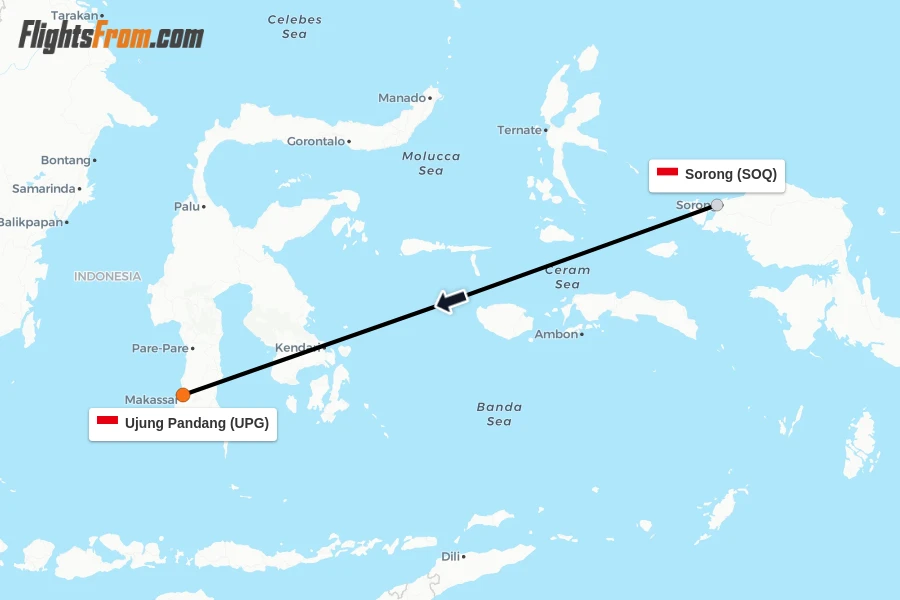 Flights from Sorong to Ujung Pandang route map