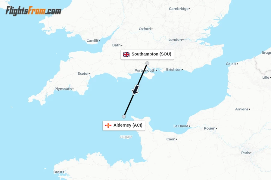 Flights from Southampton to Alderney route map