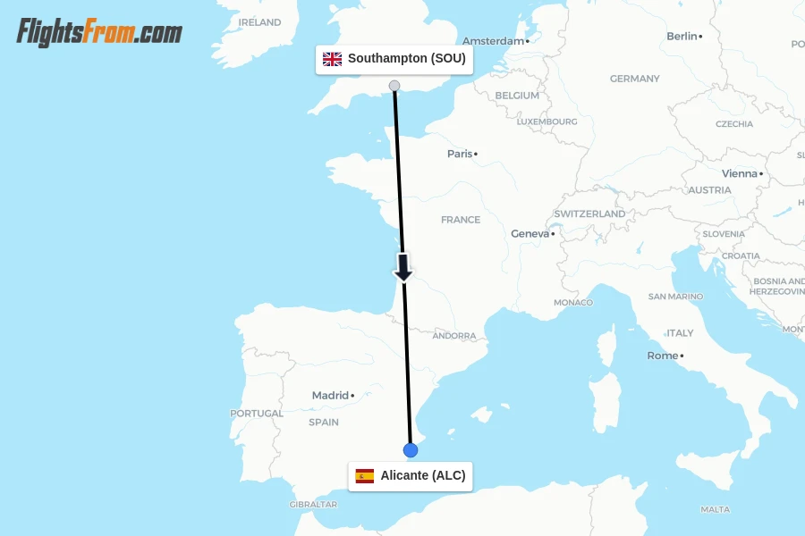Flights from Southampton to Alicante route map