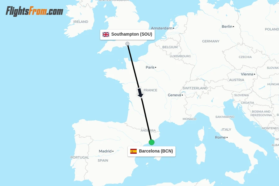 Flights from Southampton to Barcelona route map
