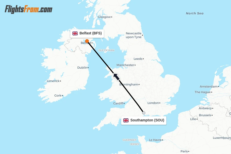 Flights from Southampton to Belfast route map