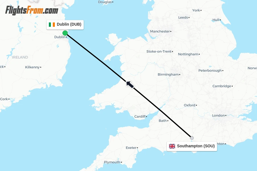 Flights from Southampton to Dublin route map