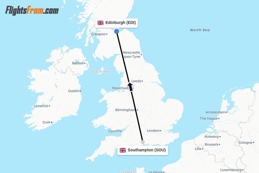Flights from Southampton to Edinburgh route map