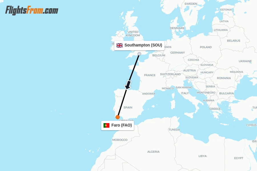 Flights from Southampton to Faro route map