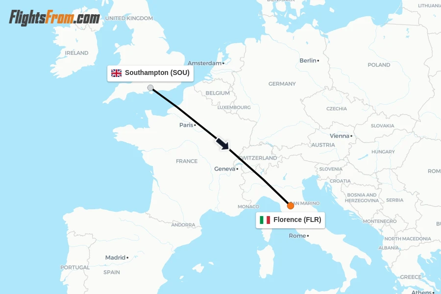 Flights from Southampton to Florence route map
