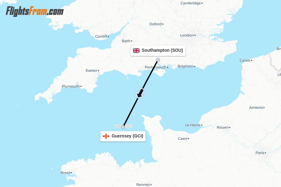 Flights from Southampton to Guernsey route map