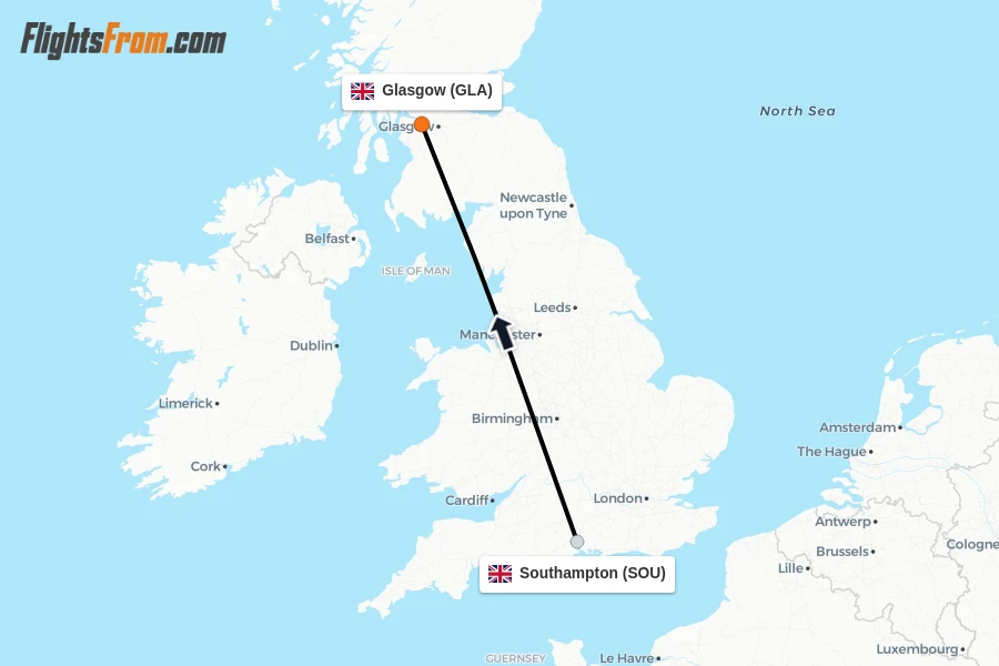 Flights from Southampton to Glasgow route map