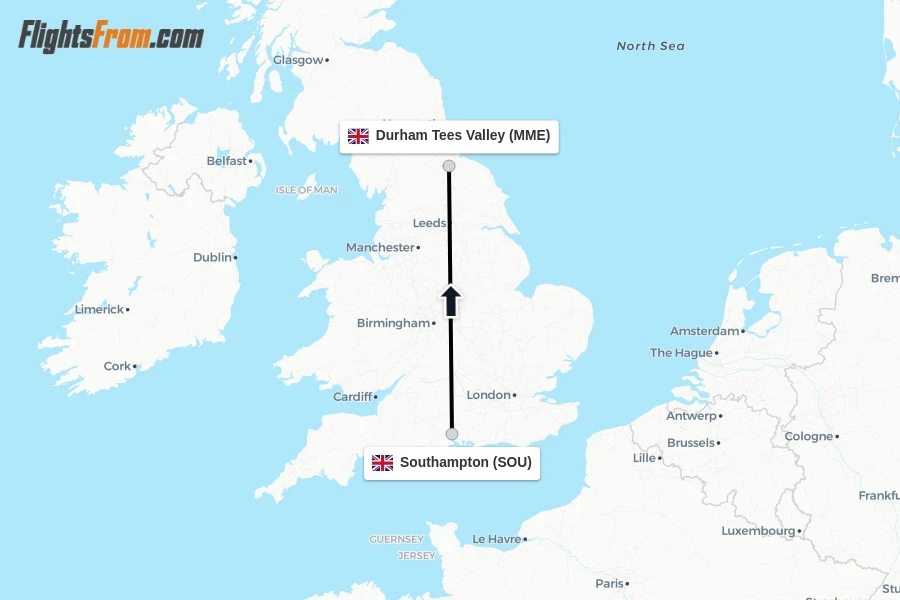 Flights from Southampton to Durham Tees Valley route map