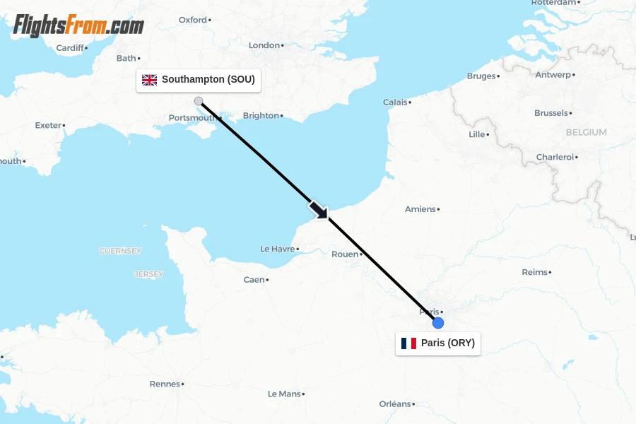 Flights from Southampton to Paris route map