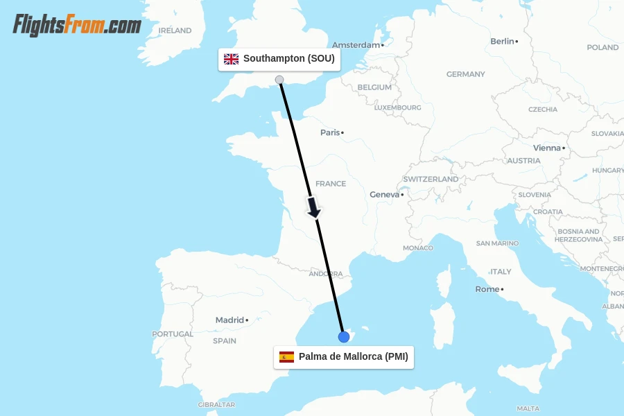 Flights from Southampton to Palma de Mallorca route map