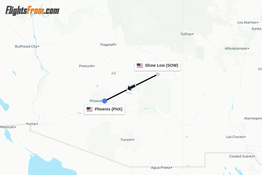 Flights from Show Low to Phoenix route map