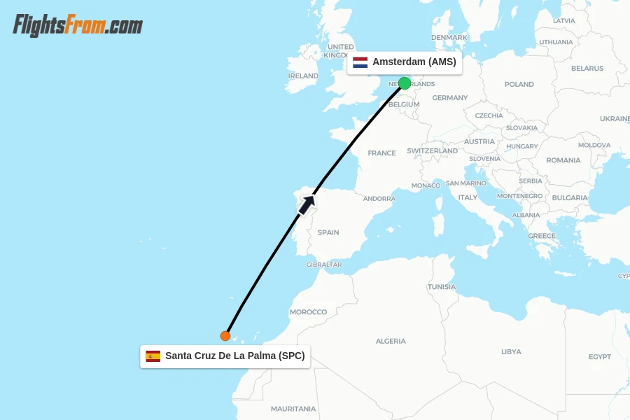 Flights from Santa Cruz De La Palma to Amsterdam route map