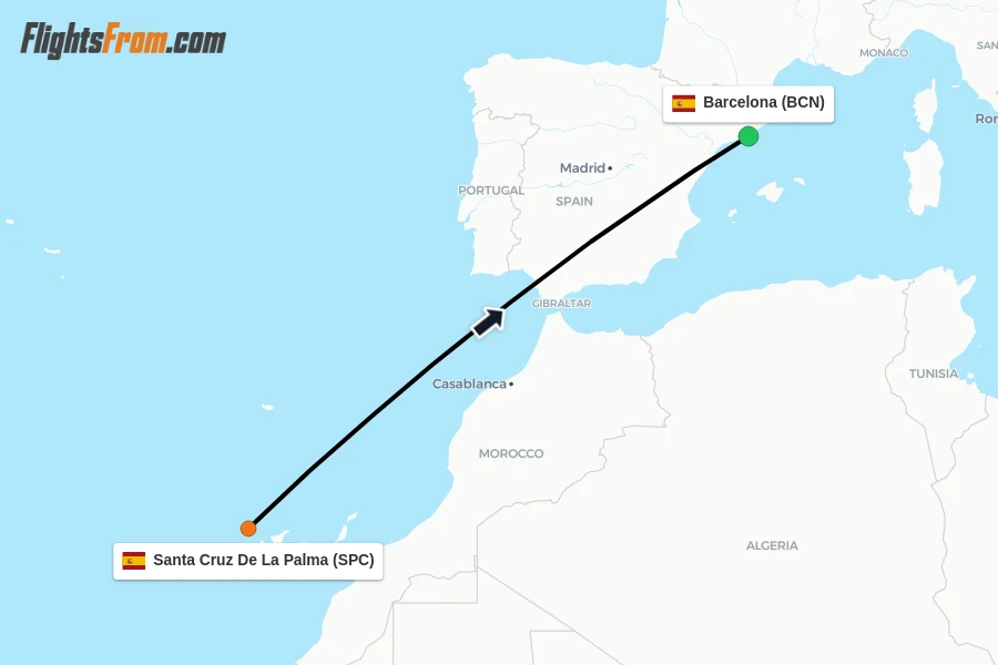 Flights from Santa Cruz De La Palma to Barcelona route map