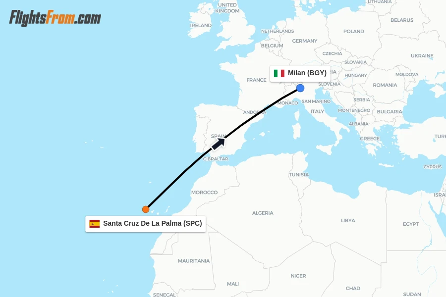 Flights from Santa Cruz De La Palma to Milan route map