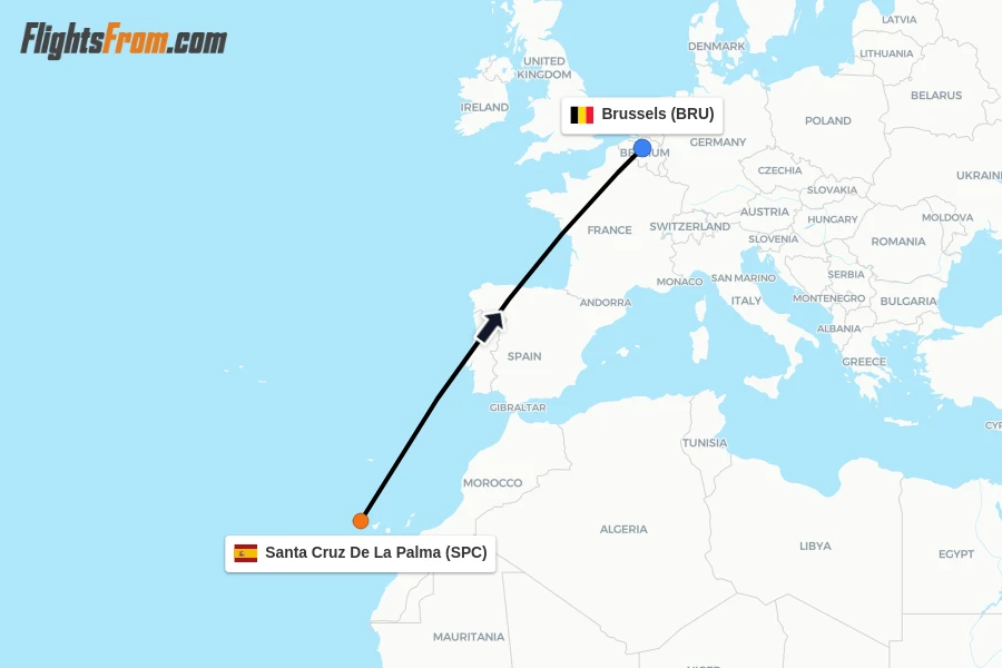 Flights from Santa Cruz De La Palma to Brussels route map