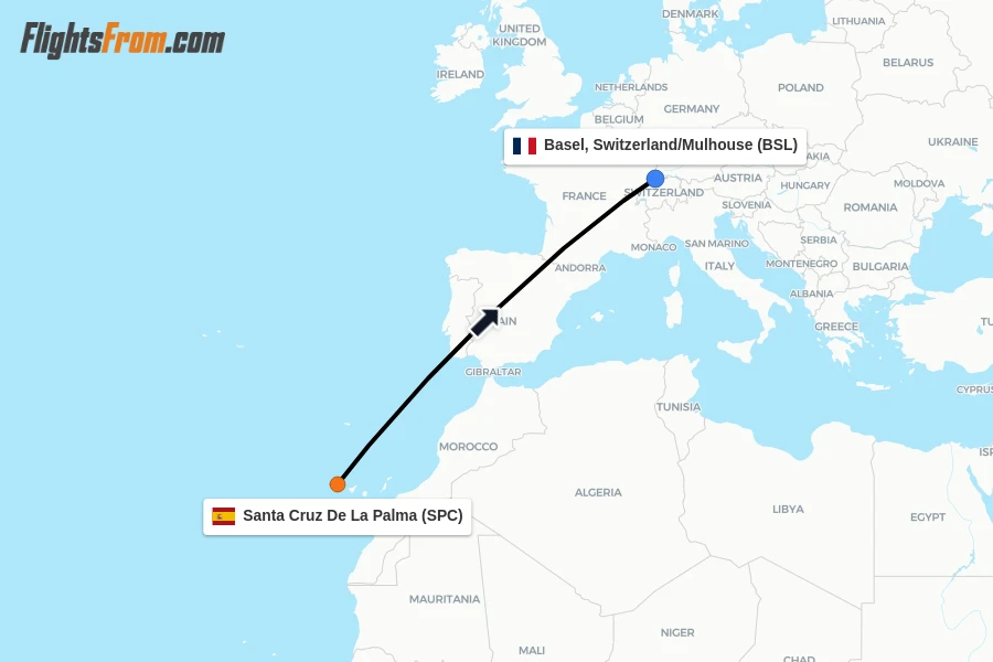 Flights from Santa Cruz De La Palma to Basel, Switzerland/Mulhouse route map