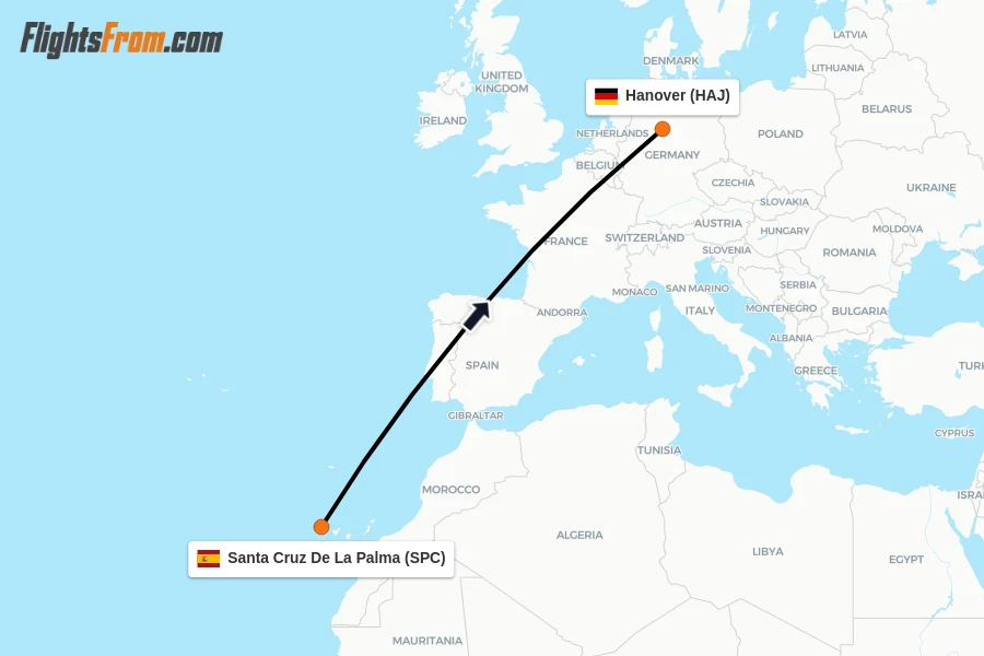 Flights from Santa Cruz De La Palma to Hanover route map