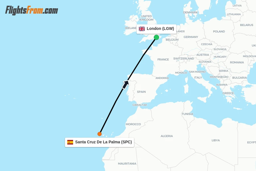 Flights from Santa Cruz De La Palma to London route map