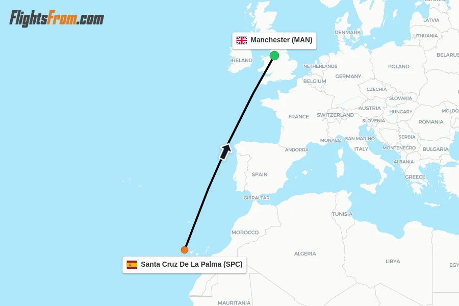 Flights from Santa Cruz De La Palma to Manchester route map