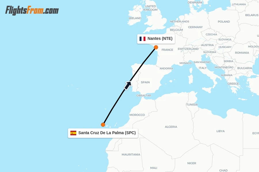 Flights from Santa Cruz De La Palma to Nantes route map