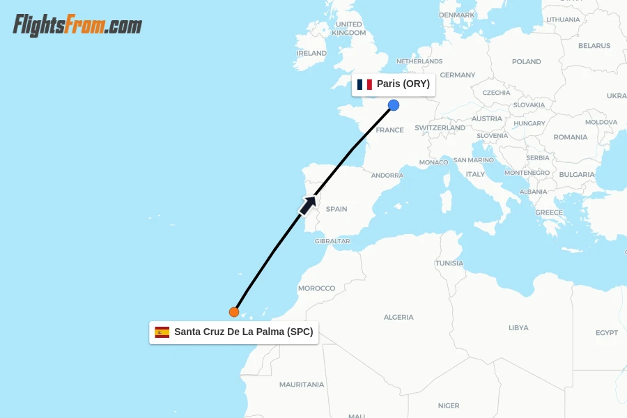 Flights from Santa Cruz De La Palma to Paris route map