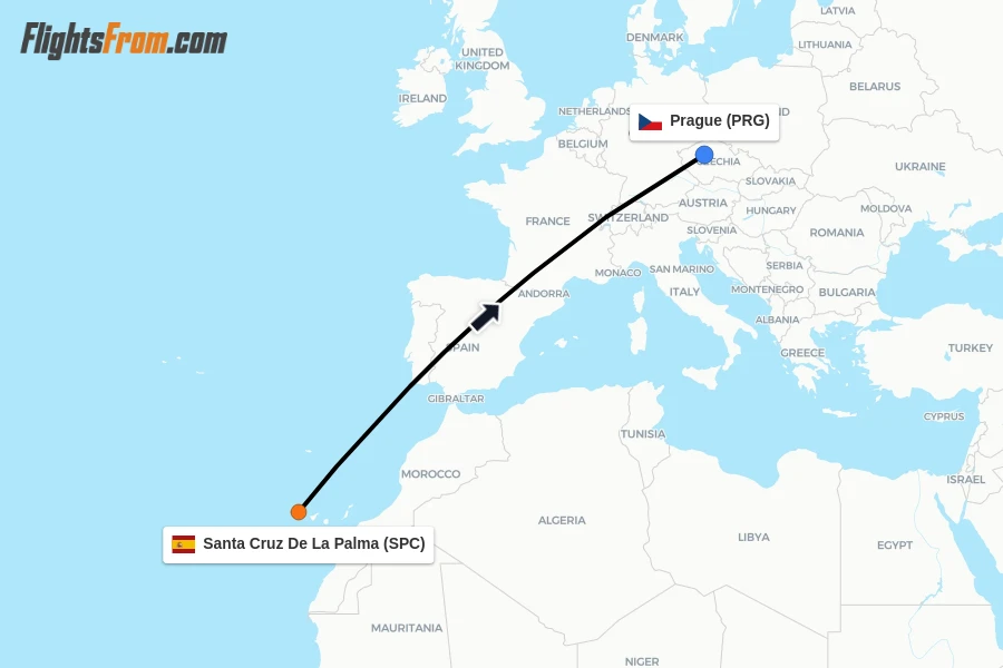 Flights from Santa Cruz De La Palma to Prague route map