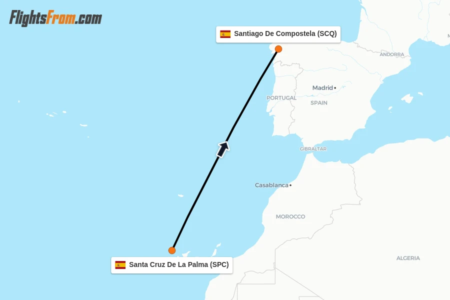 Flights from Santa Cruz De La Palma to Santiago De Compostela route map