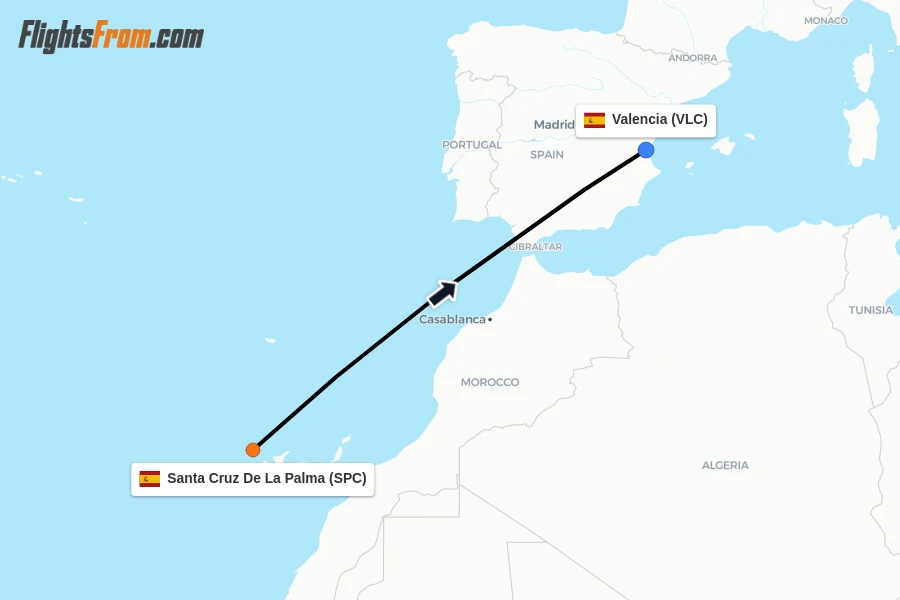 Flights from Santa Cruz De La Palma to Valencia route map