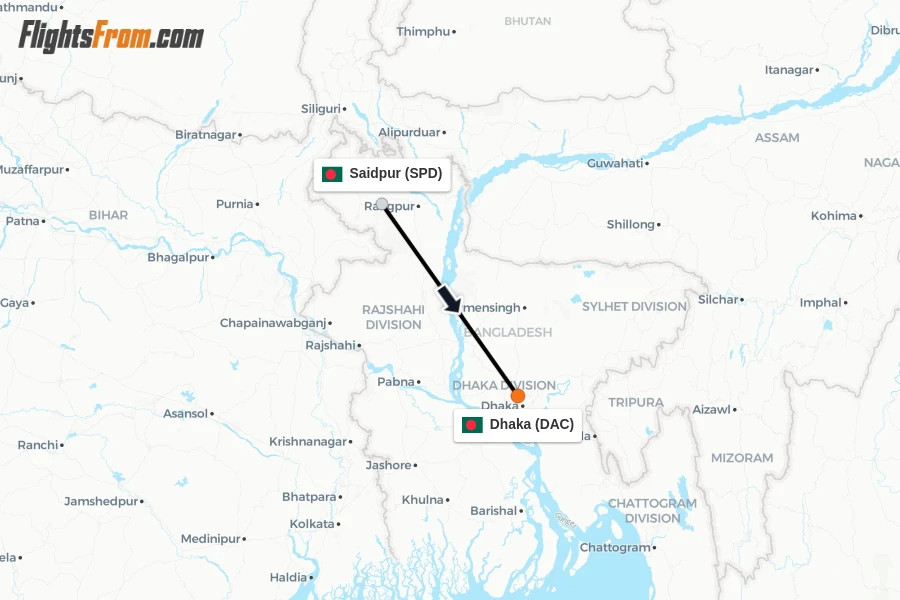 Flights from Saidpur to Dhaka route map