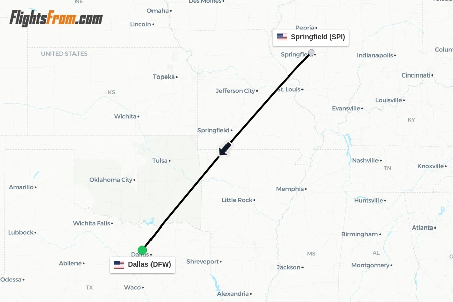 Flights from Springfield to Dallas route map