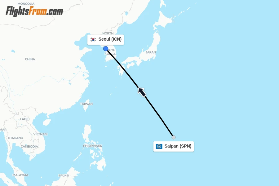 Flights from Saipan to Seoul route map