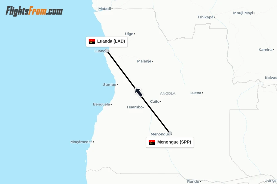 Flights from Menongue to Luanda route map