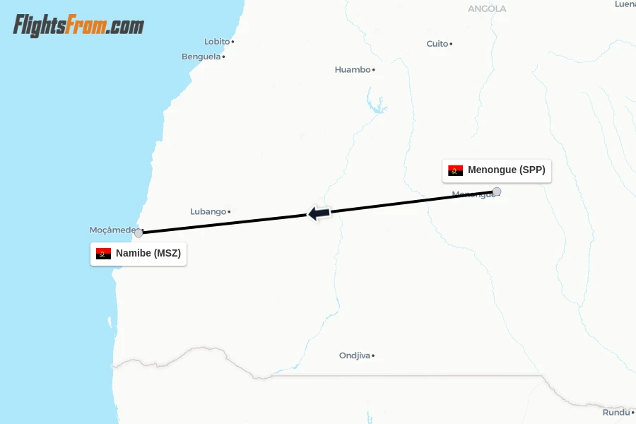 Flights from Menongue to Namibe route map