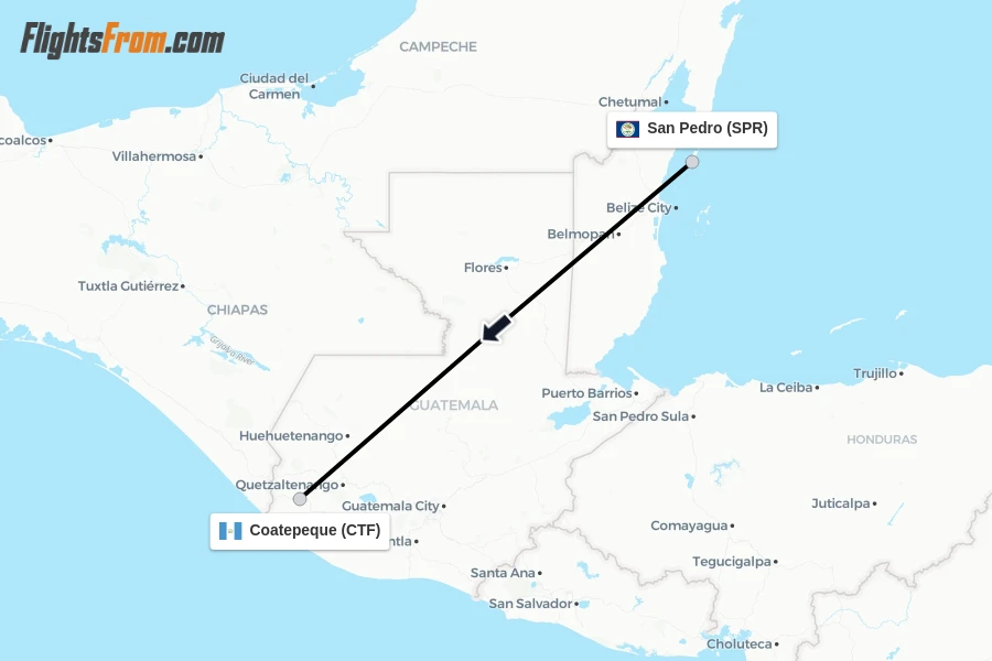 Flights from San Pedro to Coatepeque route map