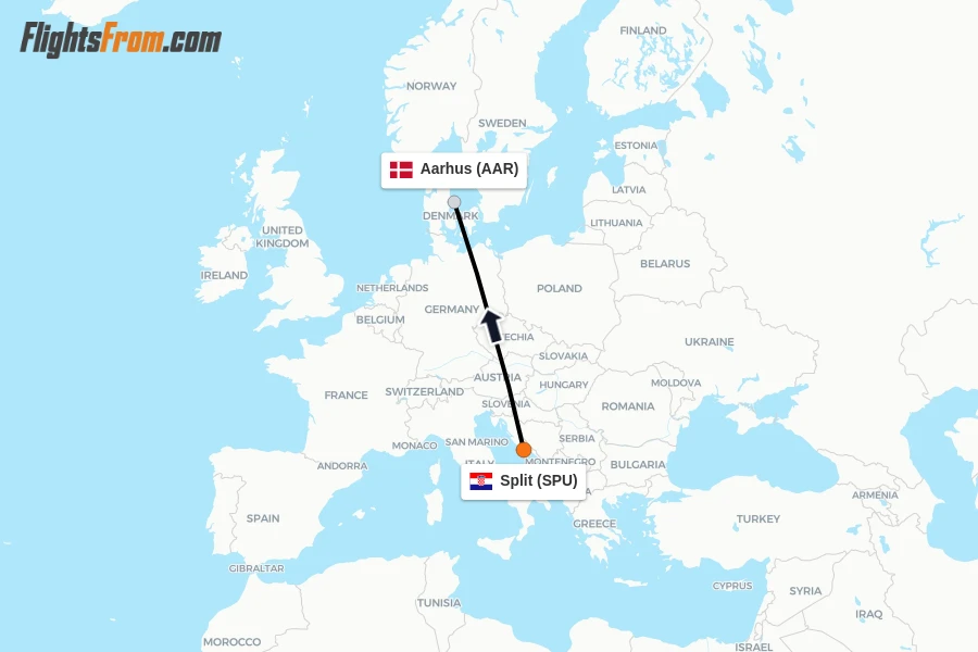 Flights from Split to Aarhus route map