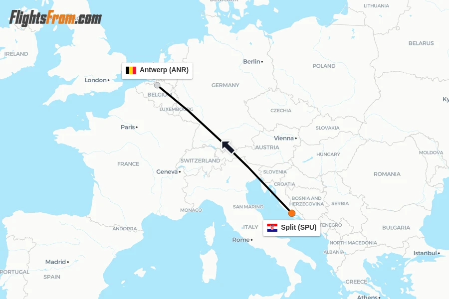 Flights from Split to Antwerp route map