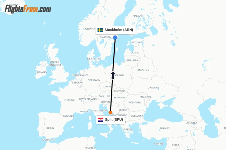 Flights from Split to Stockholm route map