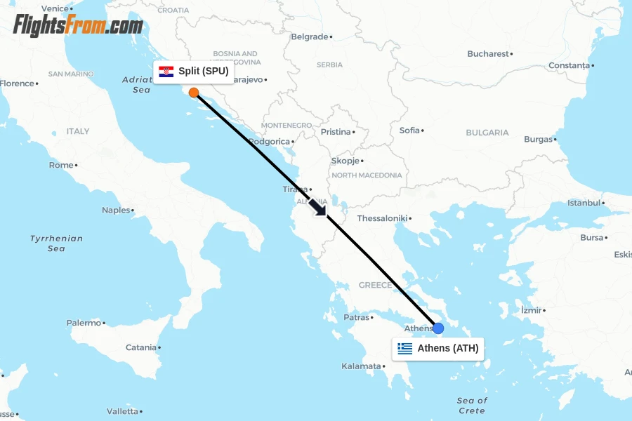 Flights from Split to Athens route map