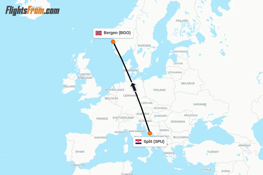 Flights from Split to Bergen route map