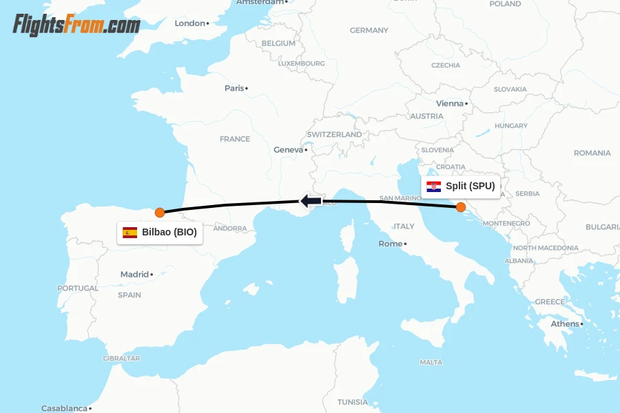 Flights from Split to Bilbao route map
